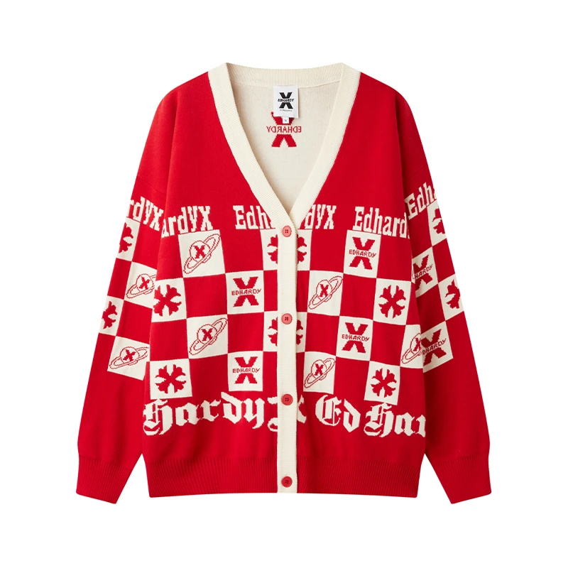 【可可专属】EDHARDY X满印V领宽松提花针织毛衣开衫X1ODUD17