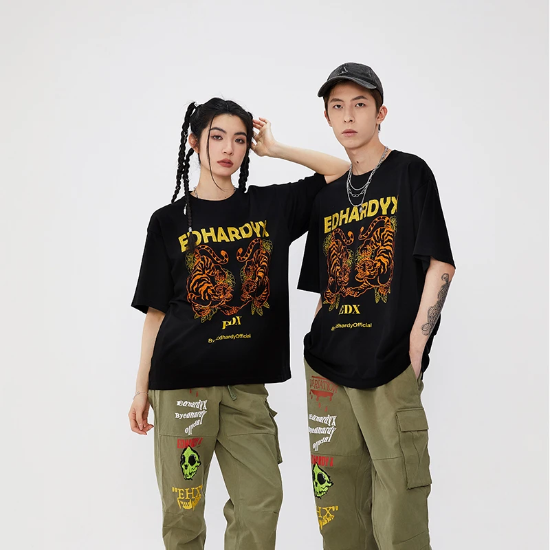 EDHARDY X烫钻两虎相争短袖T恤纯棉潮牌夏季时尚痞帅情侣X1PAU201