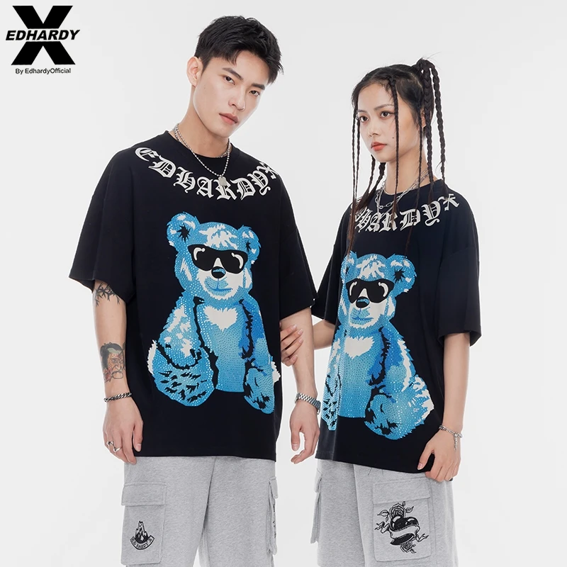 EDHARDY X 墨镜熊印花短袖春夏新款梵文LOGO休闲圆领T恤 X1PBU520