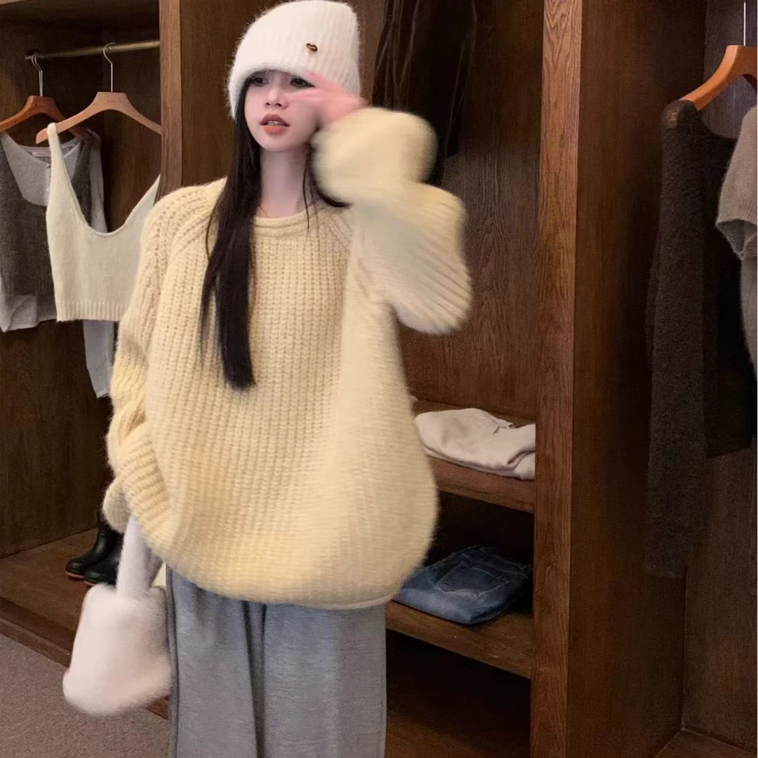 温柔风软糯套头圆领灯笼袖毛衣女秋冬慵懒高级感宽松粗毛线针织衫