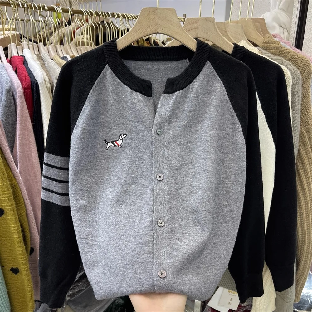 以顿拼色针织开衫女长袖2024新款秋冬休闲显瘦毛衣外套软糯亲肤