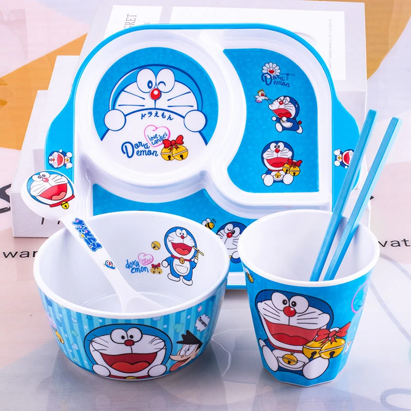 哆啦a梦仿瓷碗蓝胖子卡通儿童餐具幼儿园儿童餐盘家用分格盘碗杯