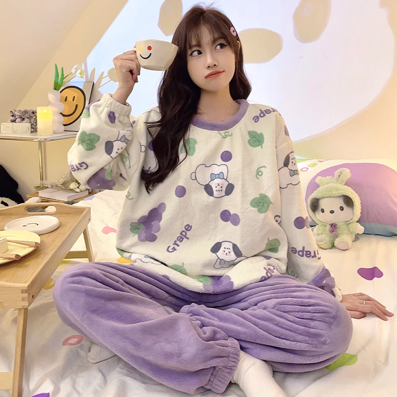 珊瑚绒睡衣女秋冬季加绒法兰绒甜美卡通少女两件套新款冬天家居服