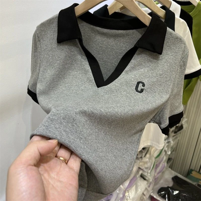 棉撞色字母刺绣修身短袖T恤女2024夏新款洋气Polo小衫上衣