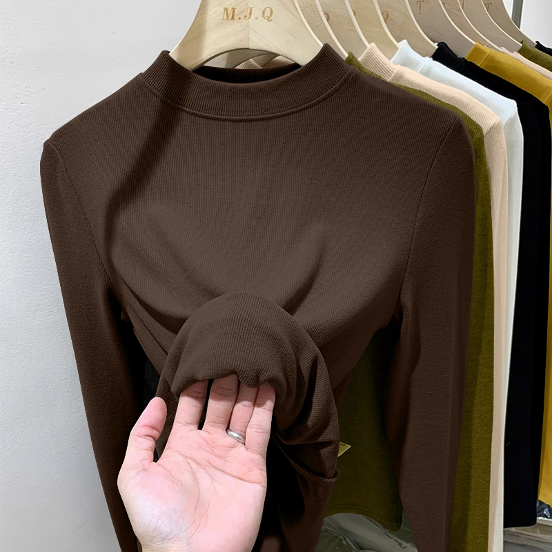 德绒半高领螺纹打底衫女内搭2023秋冬大码百搭保暖长袖上衣