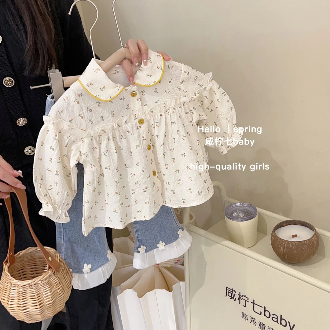 女童套装2023春季宝宝洋气儿童翻领长袖娃娃衫牛仔喇叭裤春秋百搭
