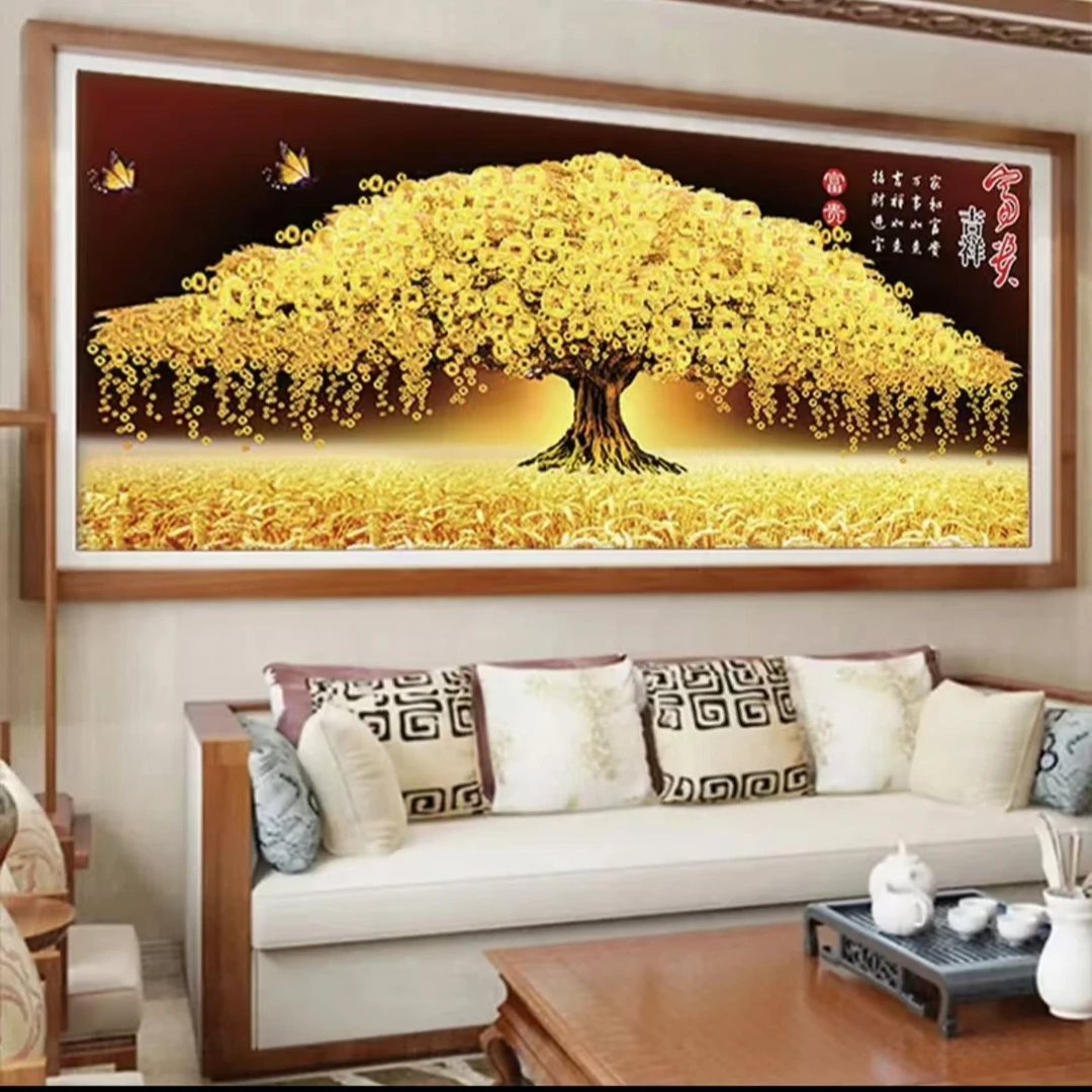 2024年新款十字绣黄金满地发财摇钱树办公室客厅背景装饰十字绣