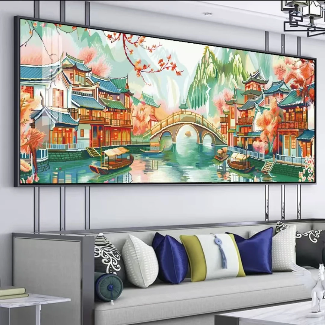 自己绣十字绣春三月现代版南乡江南水乡风景简单客厅沙发背景印花
