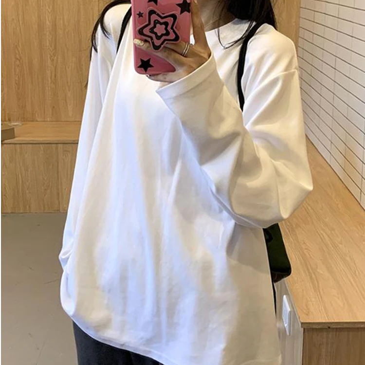 240g重磅新疆棉纯棉长袖T恤圆领大码打底衫女白色宽松百搭春秋