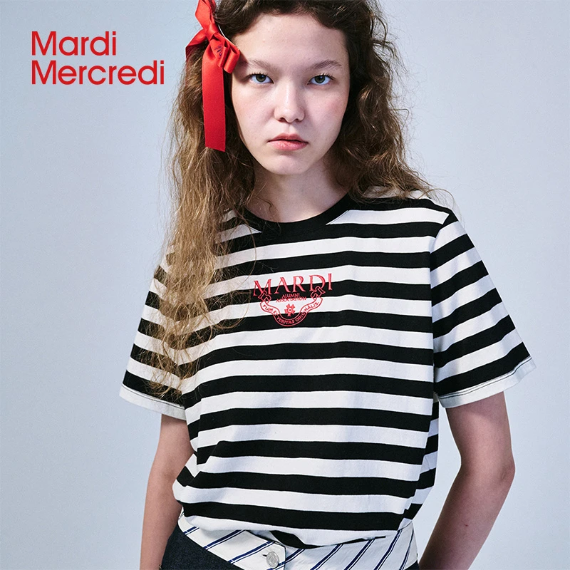 【Mardi Mercredi】条纹刺绣短袖T恤撞色纯棉舒适百搭上衣XX