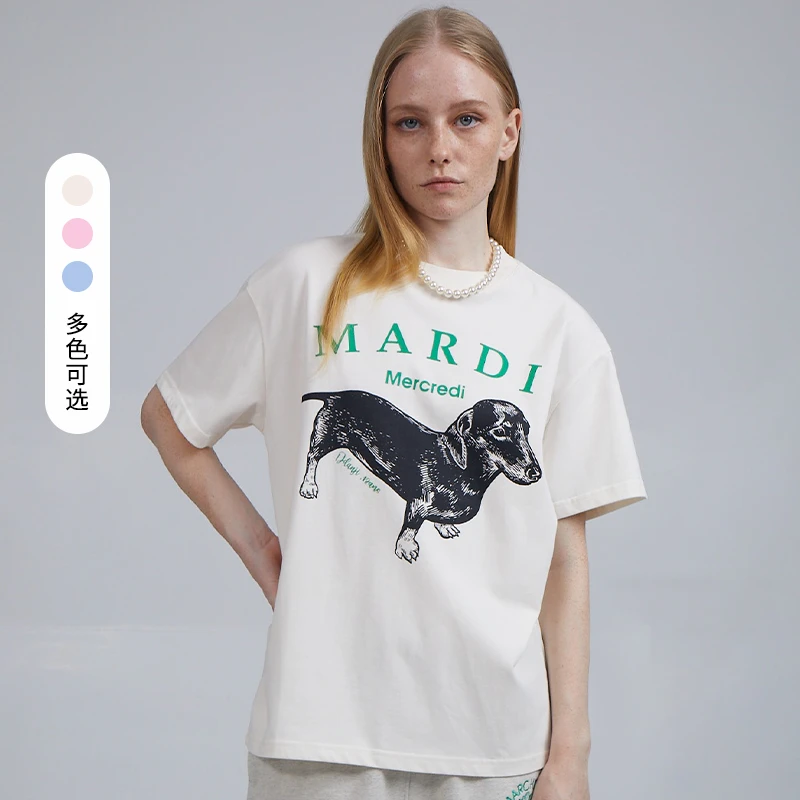 Mardi Mercredi【商场同款】韩国腊肠狗印花t恤宽松白色洋气衣服女