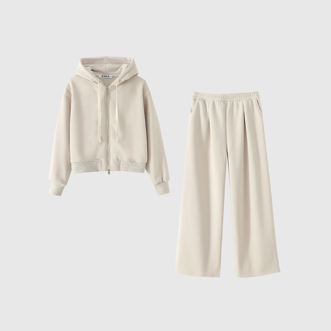 冬款高级感时尚百搭休闲套装开衫连帽阔腿显瘦两件套