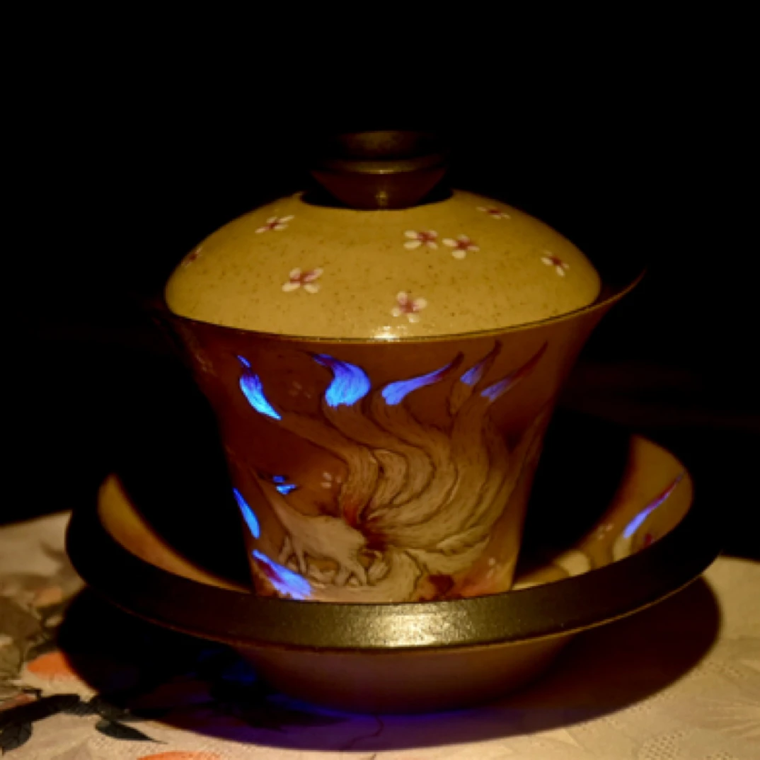 简趣洪老师手作九火离紫白瓷陶瓷九尾狐盖碗纯手工