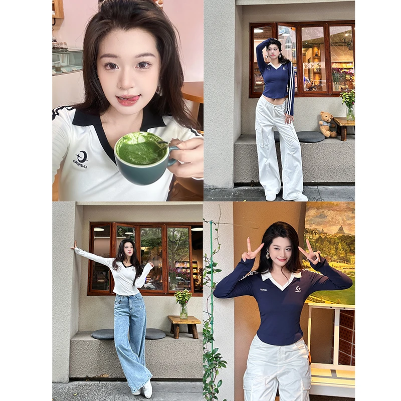 六指导 美式甜心 洋气V领百搭休闲撞色上衣秋显瘦字母刺绣长袖t恤