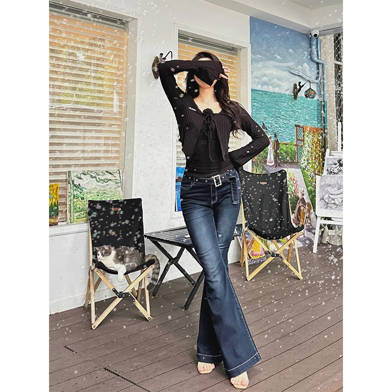 六指导 长腿玩家 复古百搭显瘦腰带长裤遮肉修身弹力牛仔喇叭裤女