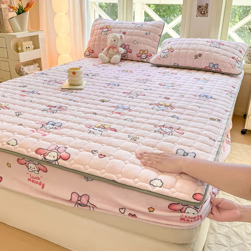 A类夹棉牛奶绒床笠床套法兰绒防尘席梦思床罩冬季加厚保暖保护套#