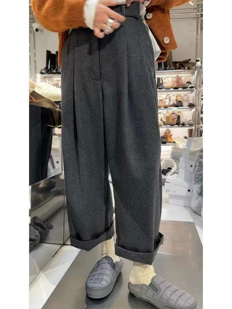 小雅姐姐 简约纯色褶皱毛呢直筒休闲长裤IA04