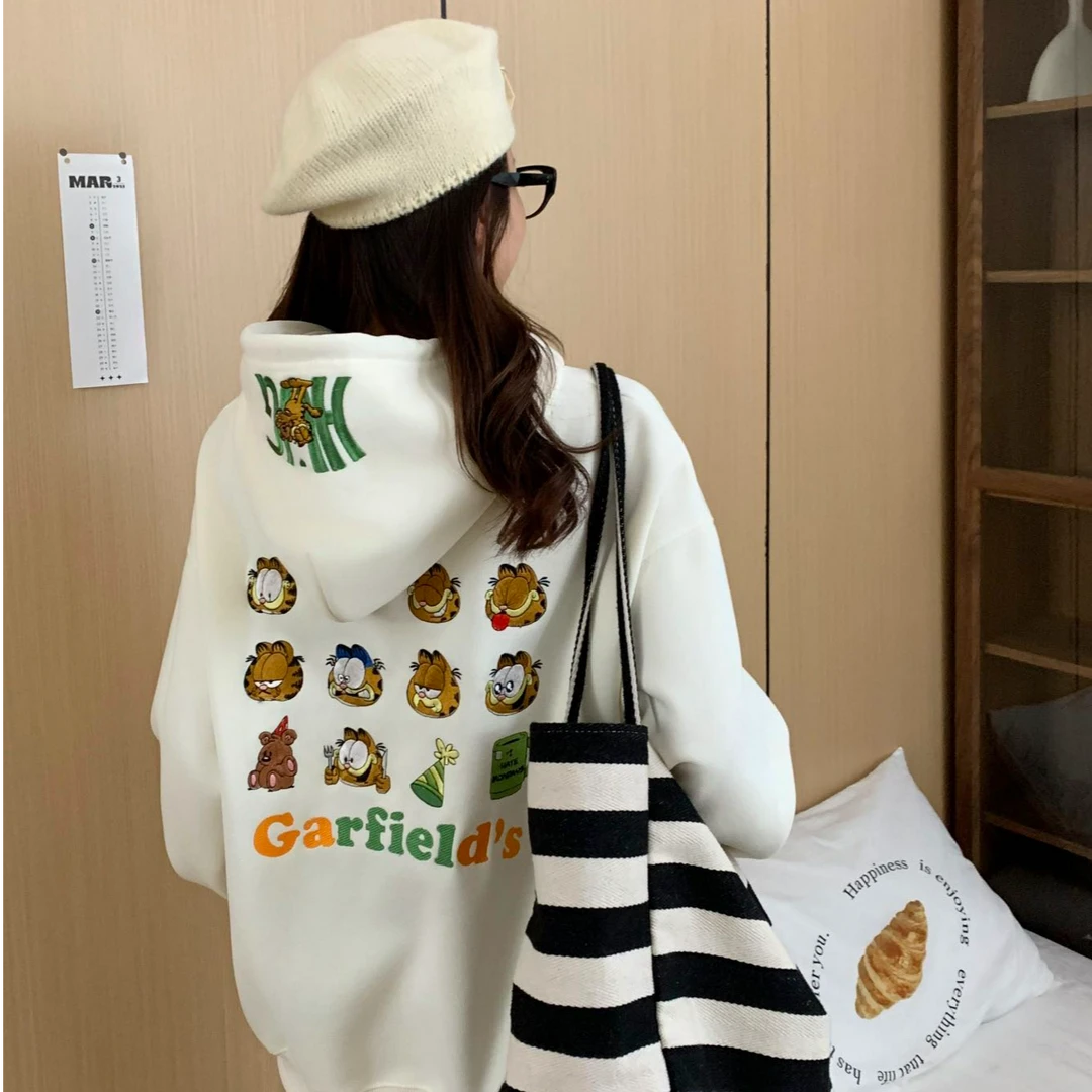 小雅姐姐 24秋季 卡通刺绣加菲猫连帽长袖卫衣宽松减龄 HW63