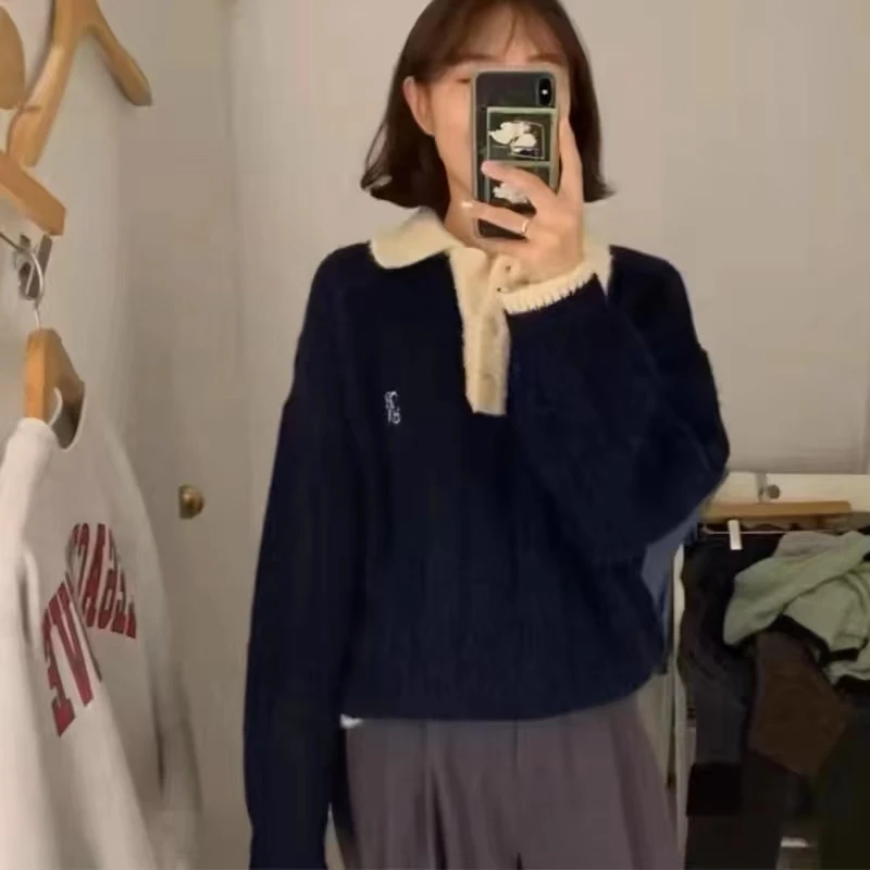 小雅姐姐 复古慵懒风POLO领拼色软糯针织毛衣IA41
