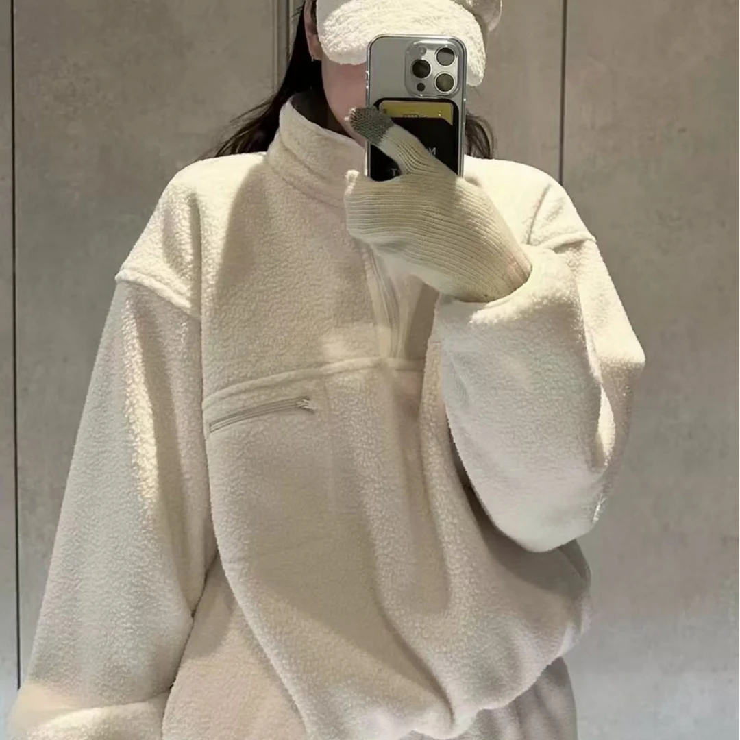 小雅姐姐 韩系慵懒风立领半拉链加绒宽松休闲卫衣IE28