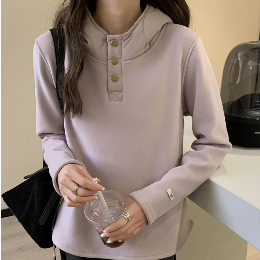 小雅姐姐 简约纯色半摁扣加绒连帽防风宽松帽衫IE59