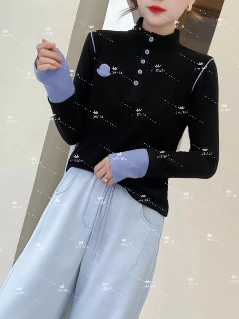 小雅姐姐 简约撞色拼接半开扣立领打底T恤衫IF90