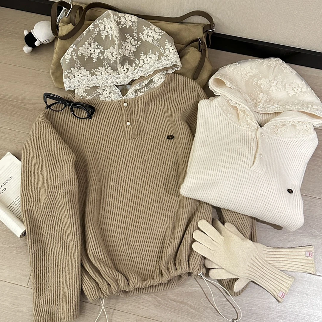 小雅姐姐 韩系甜美竖坑条减龄蕾丝加绒帽衫IC28