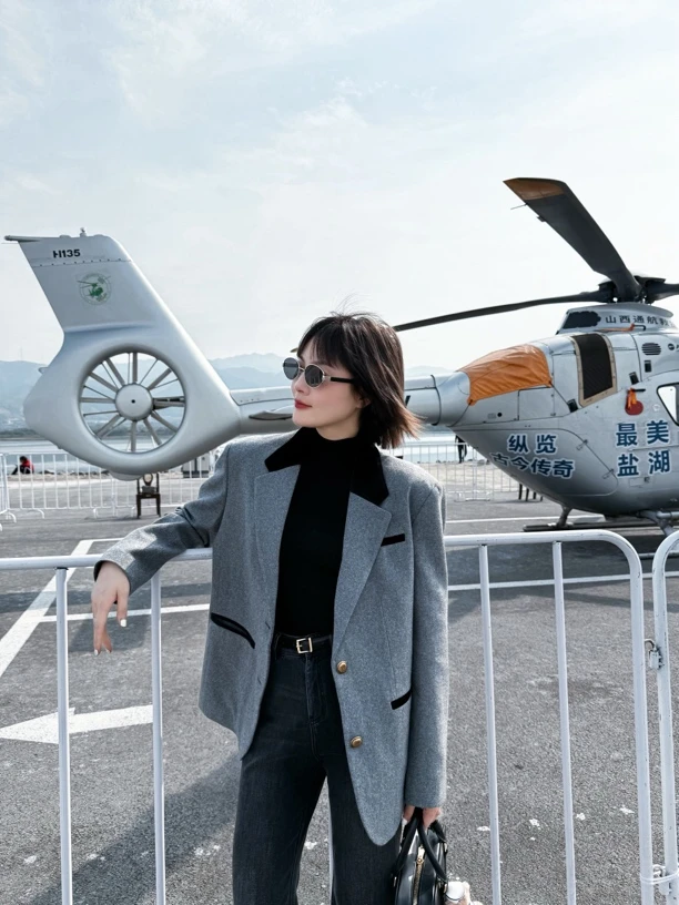 秋季气质时尚灰色西装外套经典设计绵羊毛材质