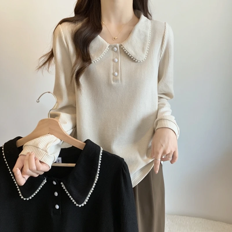 胖妹妹显瘦上衣2024秋大码微胖女装宽松遮肚娃娃领高级感长袖衬衣