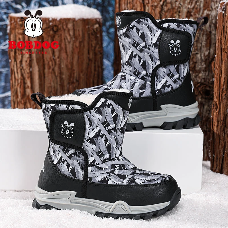 巴布豆童鞋男童冬季加绒加厚大棉鞋防水中小童中筒棉靴儿童雪地靴