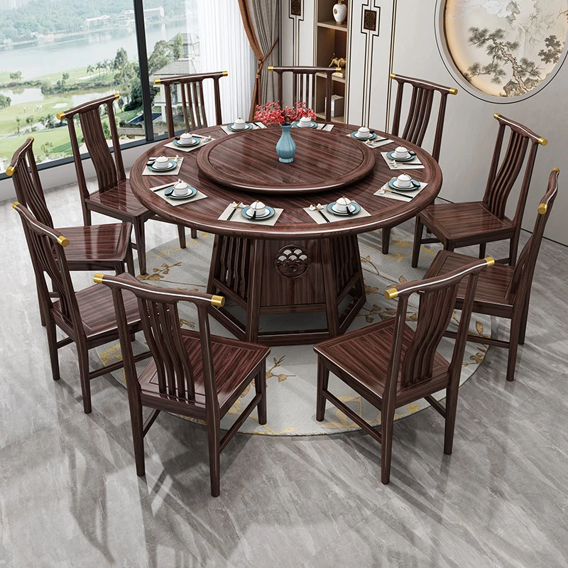 【大力】新中式乌金木实木餐桌吃饭桌家用餐厅高端圆形桌C22#
