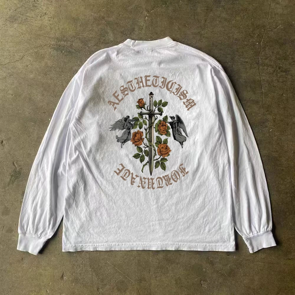 260克重磅不透 国潮复古纯棉长袖T恤男原创高街天使之剑印花上衣