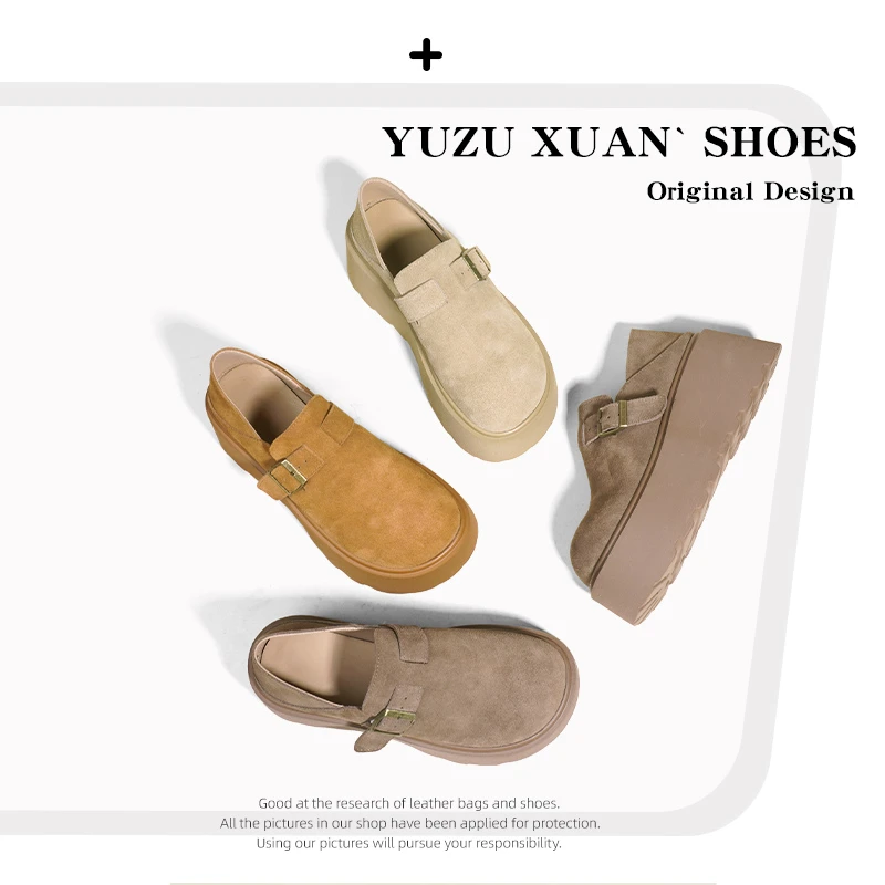 她爱淘厚底牛皮勃肯鞋女2024秋冬新款复古增高一脚蹬全包乐福