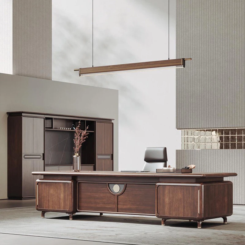 新中式北美黑胡桃木老板办公桌实木大班台董事长桌椅组合高端家具