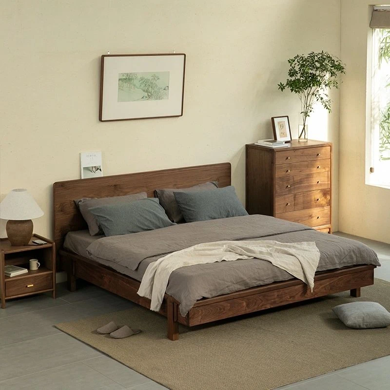 新中式北美黑胡桃木实木床禅意双人1.8结婚大床 酒店定制实木家具