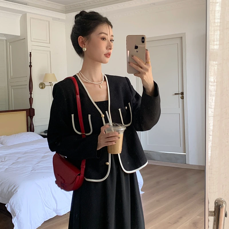 时尚廊2023秋装新款长袖撞色开衫上衣韩版小香风外套女