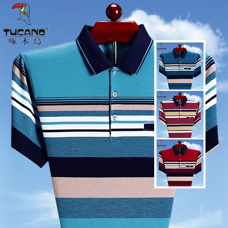 啄木鸟夏季新款男士短袖T恤中老年爸爸装薄款宽松polo衫上衣大码