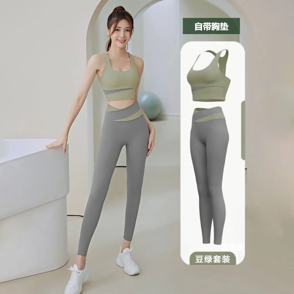 拼接撞色女防震速干健身套装跑步运动紧身提臀裸感瑜伽服显瘦美背