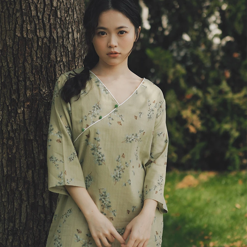 七分袖睡裙【国风新中式】家居服睡衣春夏季溜达可外穿印花气质春秋