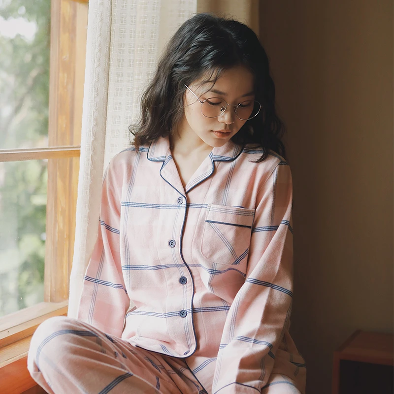 【棉磨毛女款大格】家居服睡衣套装简约秋冬长袖长裤翻领经典格纹