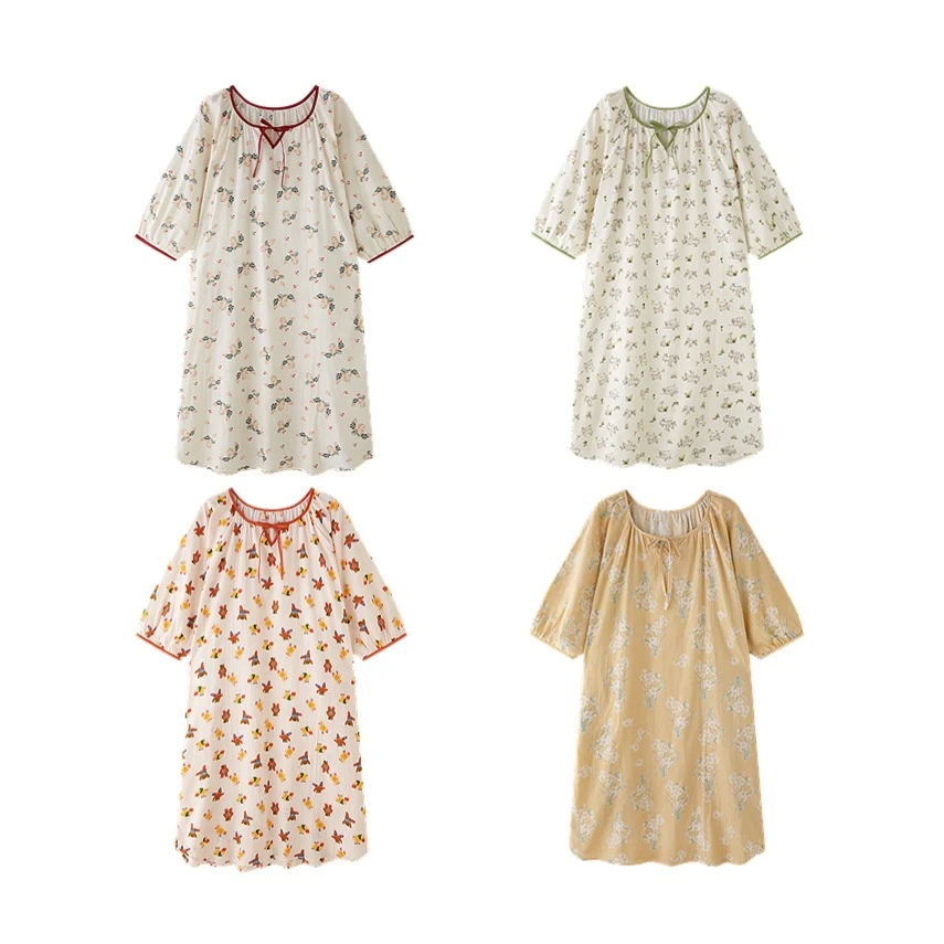 【段姐家居服】 全棉双层纱布法式慵懒宽松大码春夏睡裙家居甜美ins