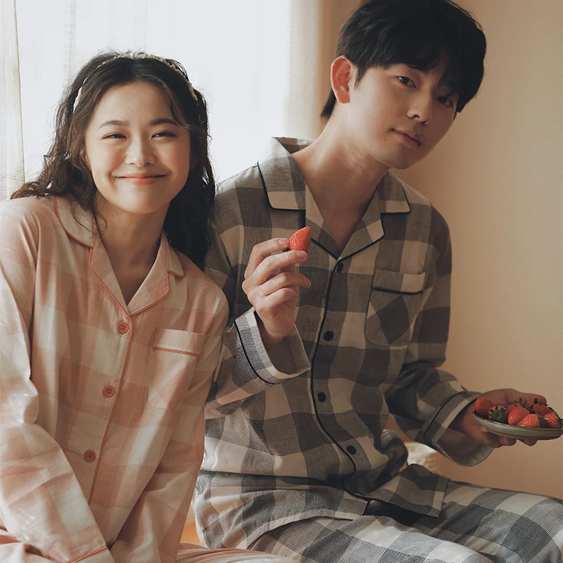 【段姐家居服】男女情侣大格睡衣家居服套装透气吸汗春夏秋长袖长裤
