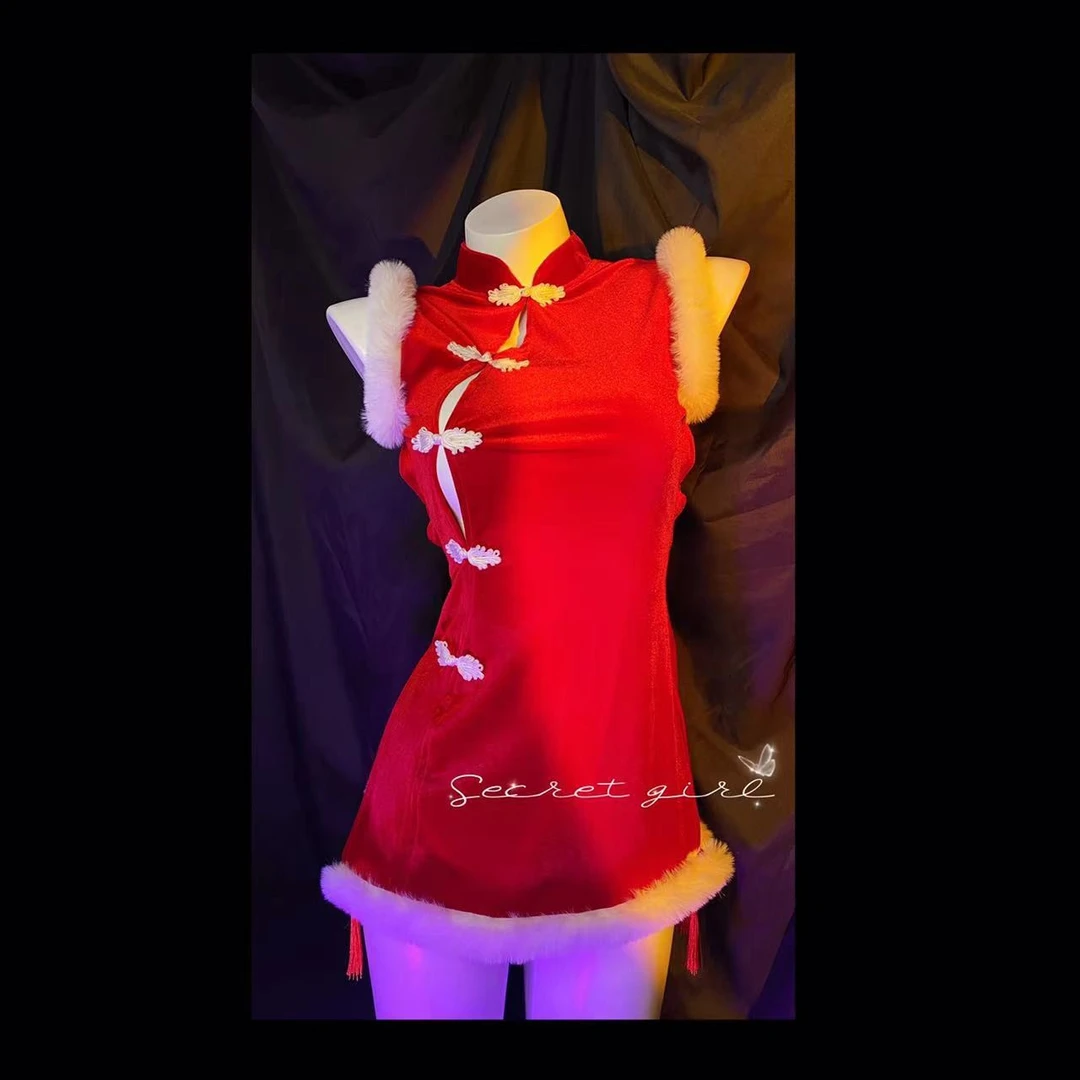 中式少女•丝绒中式古典修身旗袍风镂空送女生礼物