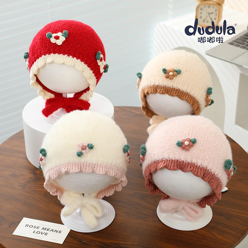 嘟嘟啦婴儿帽子秋冬款保暖针织毛线帽可爱小花朵小月龄女宝宝护耳