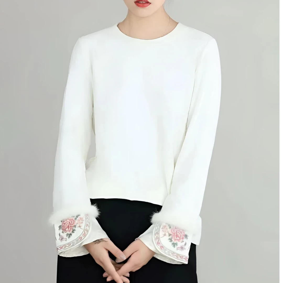 曦娅女装 新中式国风【蝶羽】原创设计感复古圆领气质时尚百搭T恤