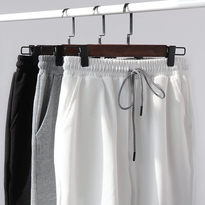 华夫格重磅卫裤灰白色长裤休闲束脚宽松运动裤直筒薄款男女款简约