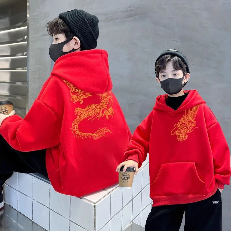 秋冬新年红色外套男中大童加绒连帽卫衣龙年国潮过肩龙中国风上衣