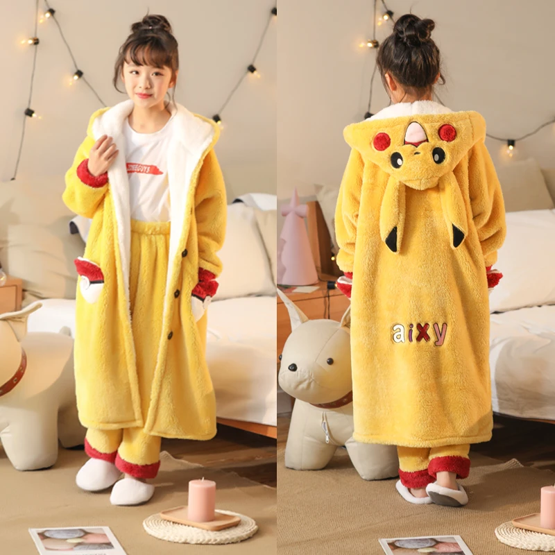 儿童皮卡丘睡袍冬季加厚珊瑚绒男童女童睡衣长款浴袍男孩浴衣睡裙