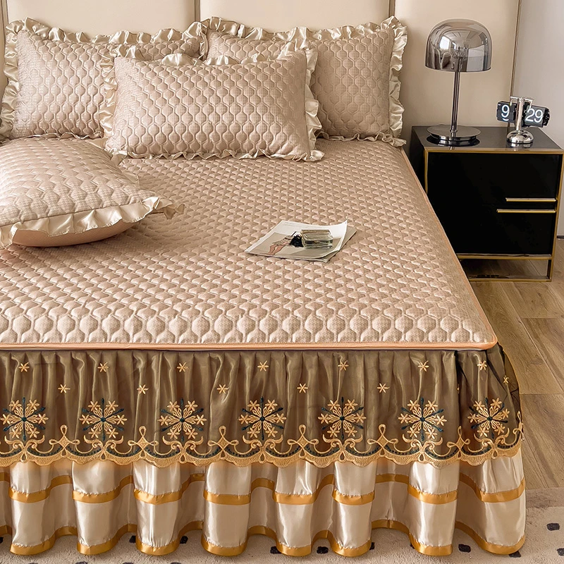 高档床裙冰丝席四件套防滑床单冰丝席床罩加厚蕾丝可拆卸纤维水洗