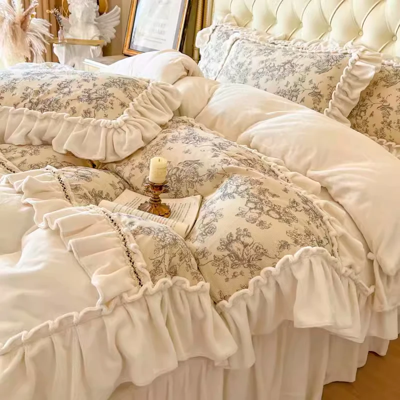 冬季加厚牛奶绒床上四件套法式花边珊瑚绒床单被套床裙款床上用品
